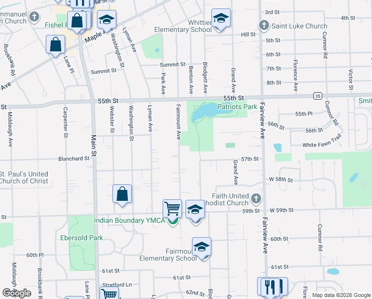 map of restaurants, bars, coffee shops, grocery stores, and more near 612 57th Street in Downers Grove