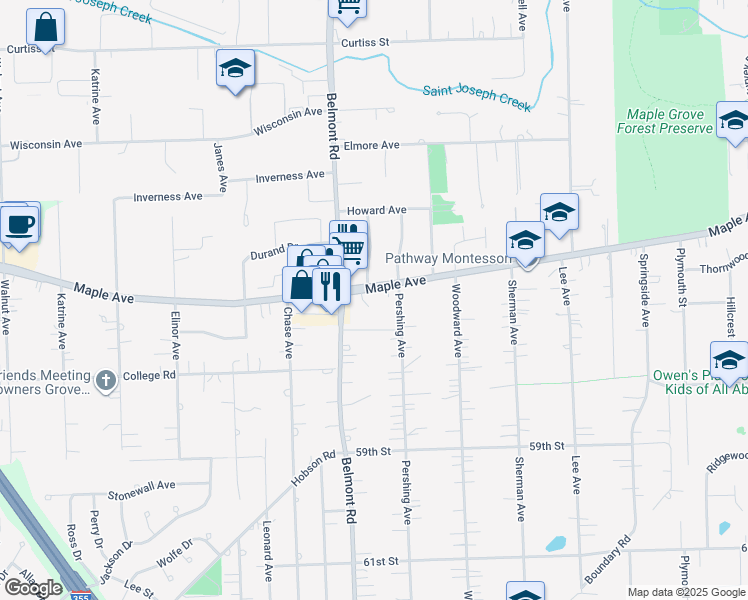 map of restaurants, bars, coffee shops, grocery stores, and more near 2219 Maple Hill in Downers Grove