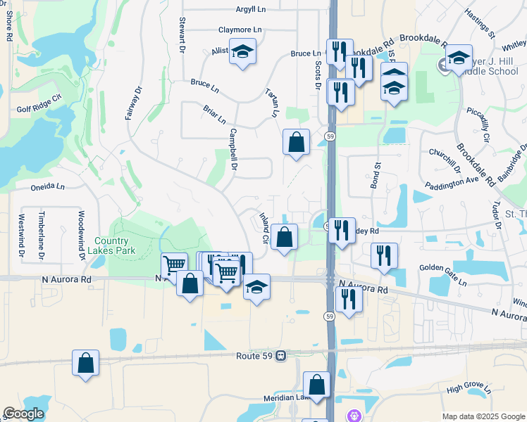 map of restaurants, bars, coffee shops, grocery stores, and more near 781 Fairway Drive in Naperville