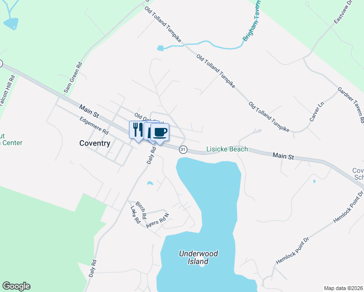 map of restaurants, bars, coffee shops, grocery stores, and more near 2350 Main Street in Coventry