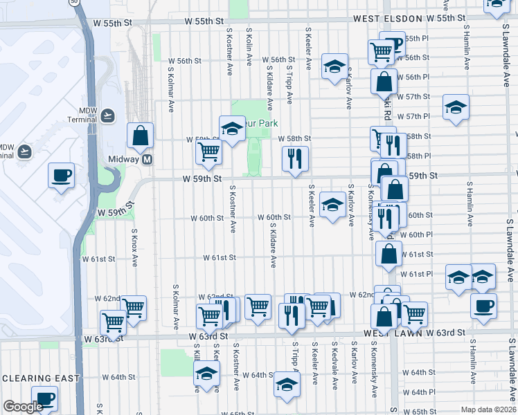 map of restaurants, bars, coffee shops, grocery stores, and more near 6000 South Kildare Avenue in Chicago