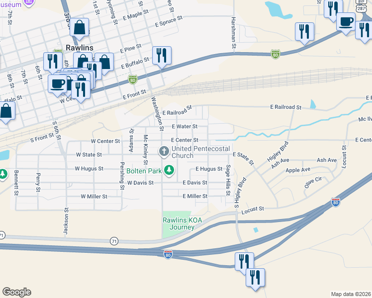 map of restaurants, bars, coffee shops, grocery stores, and more near 304 East State Street in Rawlins