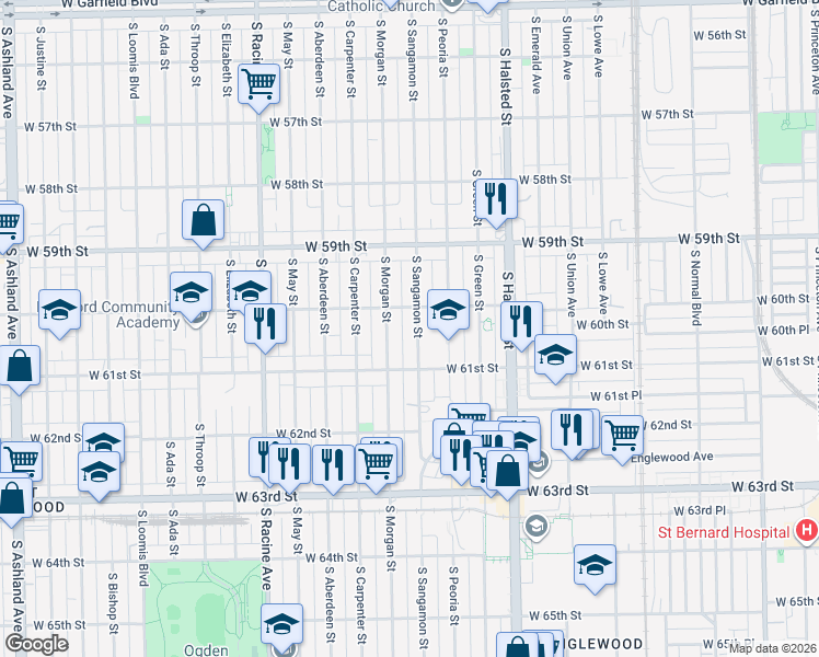 map of restaurants, bars, coffee shops, grocery stores, and more near 6037 South Morgan Street in Chicago