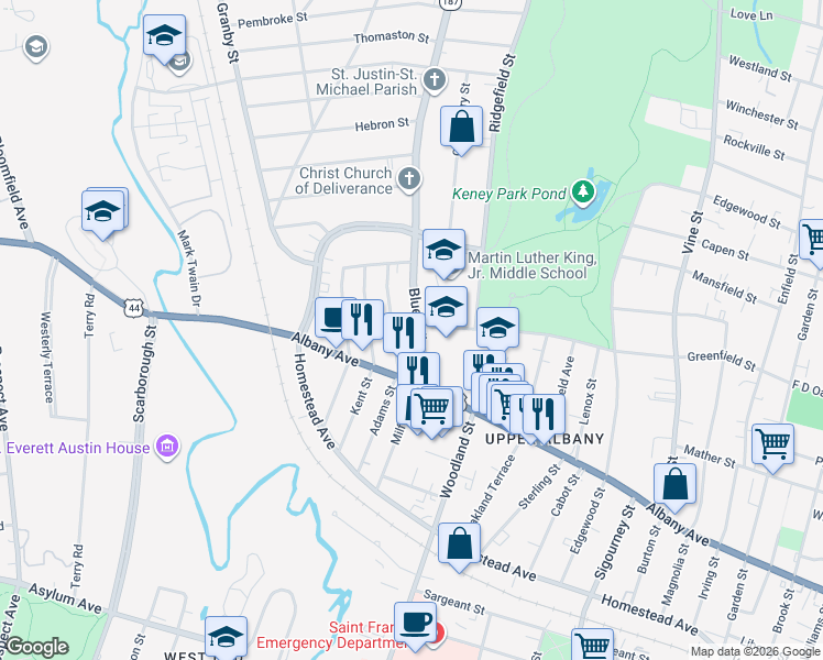 map of restaurants, bars, coffee shops, grocery stores, and more near 43 Blue Hills Avenue in Hartford