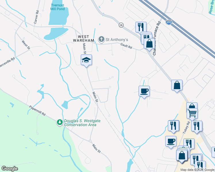 map of restaurants, bars, coffee shops, grocery stores, and more near 11 Trout Farm Way in Wareham