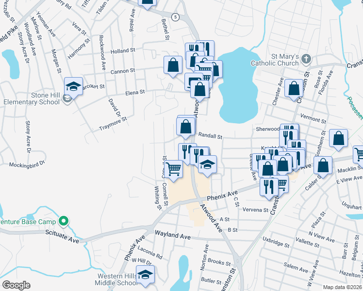 map of restaurants, bars, coffee shops, grocery stores, and more near 125 Berry Street in Cranston