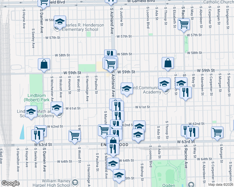 map of restaurants, bars, coffee shops, grocery stores, and more near 6032 South Ashland Avenue in Chicago