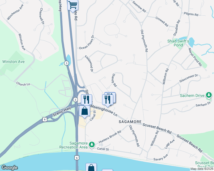 map of restaurants, bars, coffee shops, grocery stores, and more near 11 Andrew Road in Bourne