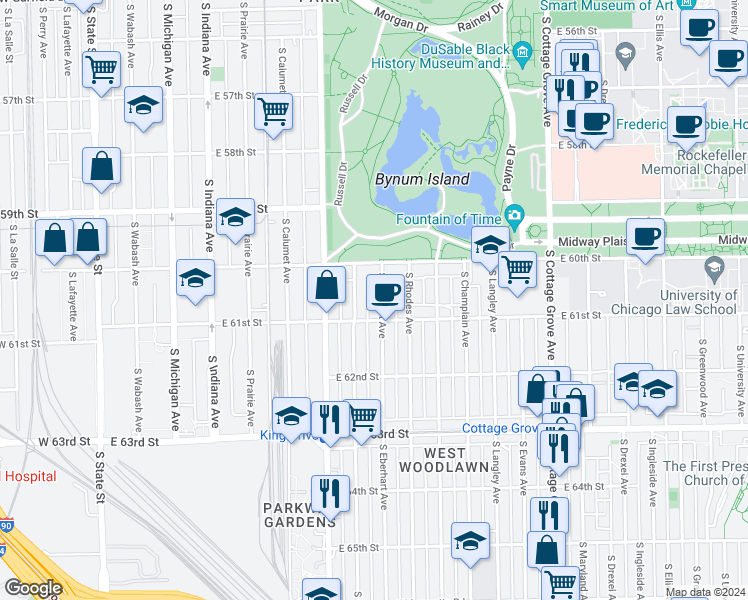 map of restaurants, bars, coffee shops, grocery stores, and more near 6040 South Eberhart Avenue in Chicago