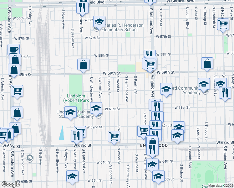 map of restaurants, bars, coffee shops, grocery stores, and more near 6008 South Wood Street in Chicago