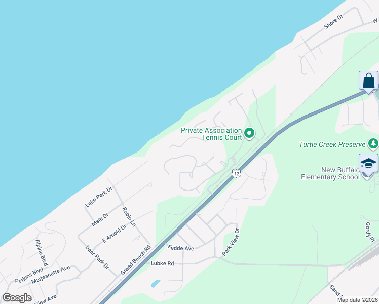 map of restaurants, bars, coffee shops, grocery stores, and more near 18526 Dunecrest Drive in New Buffalo