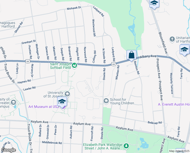 map of restaurants, bars, coffee shops, grocery stores, and more near 2021 Albany Avenue in West Hartford