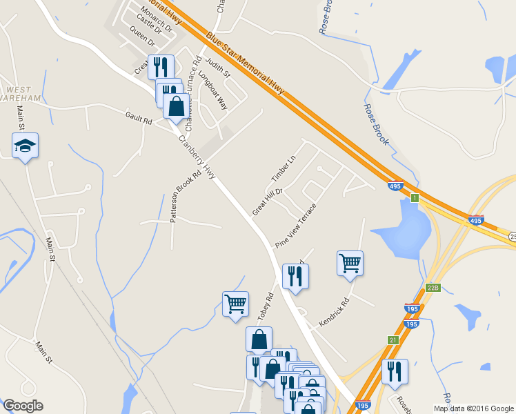 map of restaurants, bars, coffee shops, grocery stores, and more near 2403 Cranberry Highway in Wareham