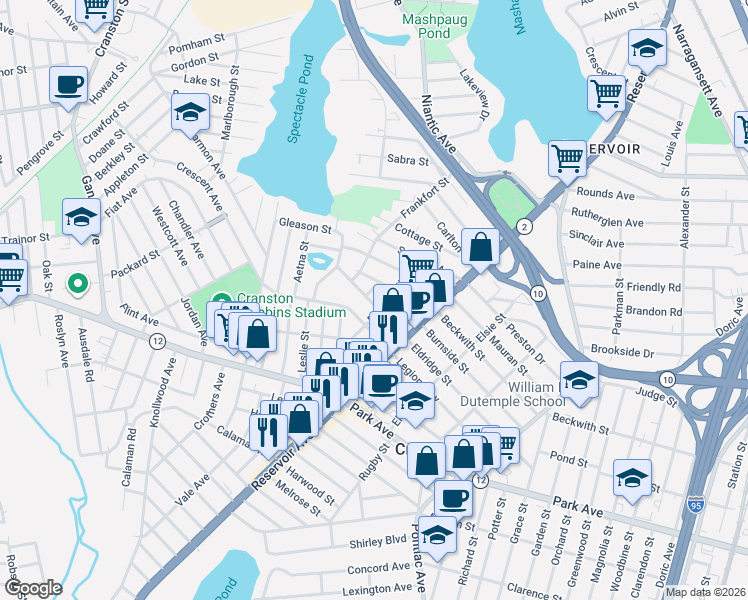 map of restaurants, bars, coffee shops, grocery stores, and more near 177 Eldridge Street in Cranston
