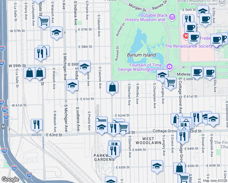 map of restaurants, bars, coffee shops, grocery stores, and more near 401 East 61st Street in Chicago