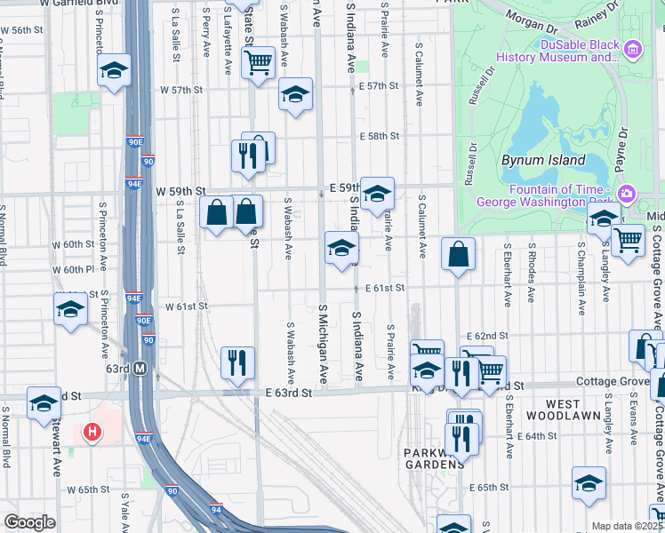 map of restaurants, bars, coffee shops, grocery stores, and more near 110 East 61st Street in Chicago