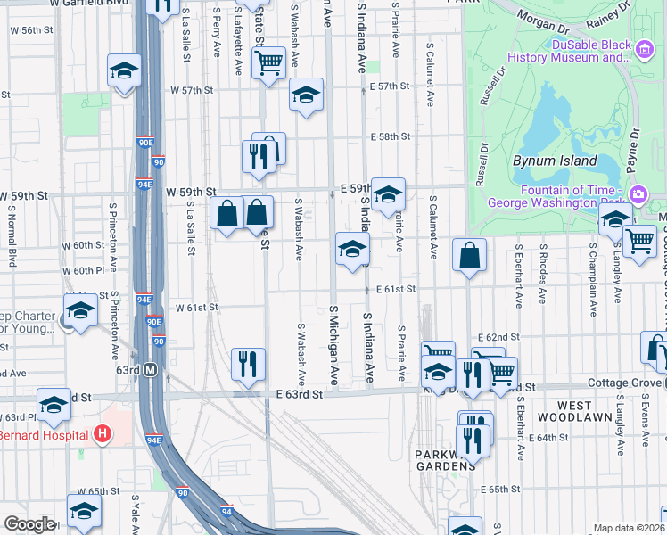 map of restaurants, bars, coffee shops, grocery stores, and more near 6054 South Michigan Avenue in Chicago
