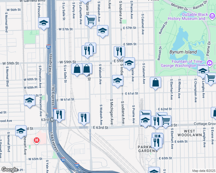 map of restaurants, bars, coffee shops, grocery stores, and more near 6054 South Michigan Avenue in Chicago