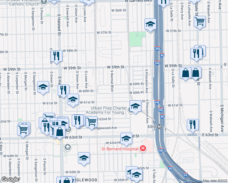 map of restaurants, bars, coffee shops, grocery stores, and more near 6039 South Normal Boulevard in Chicago