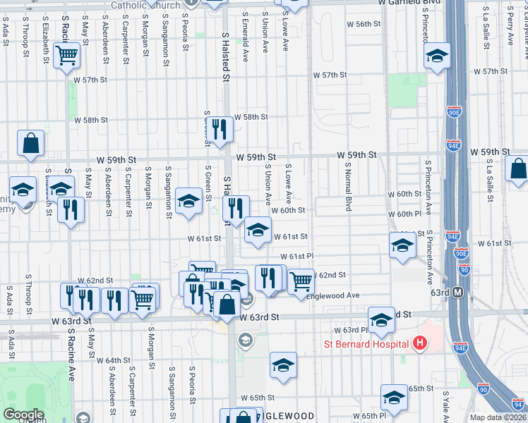 map of restaurants, bars, coffee shops, grocery stores, and more near 721 West 60th Place in Chicago