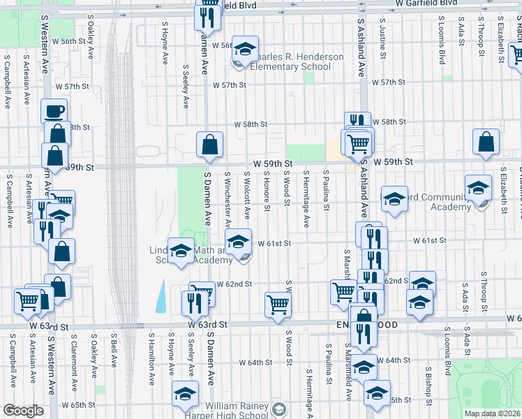 map of restaurants, bars, coffee shops, grocery stores, and more near 6028 South Honore Street in Chicago