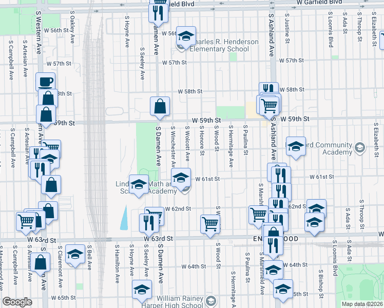 map of restaurants, bars, coffee shops, grocery stores, and more near 6028 South Wolcott Avenue in Chicago
