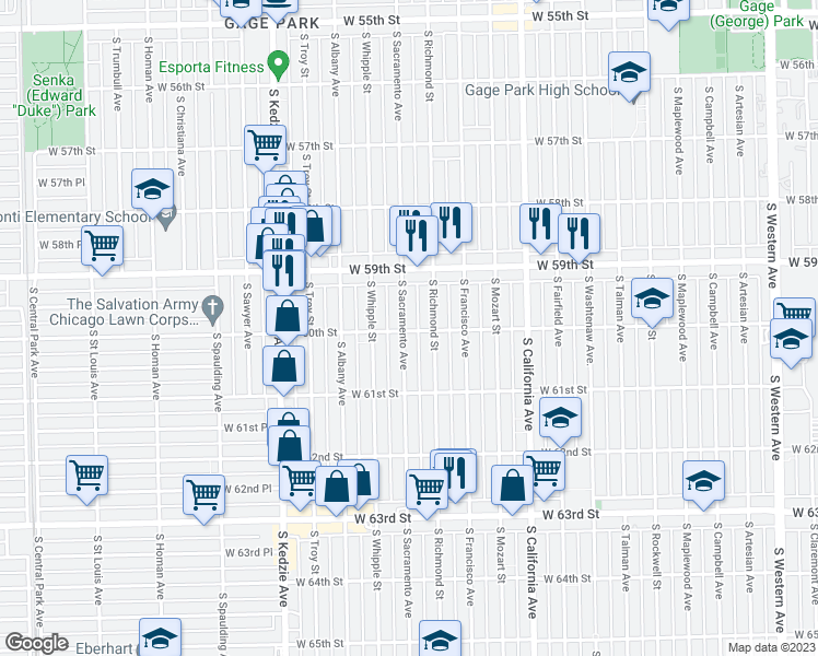 map of restaurants, bars, coffee shops, grocery stores, and more near 6016 South Richmond Street in Chicago