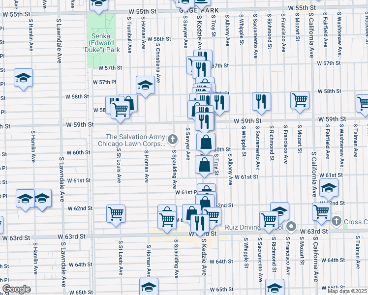 map of restaurants, bars, coffee shops, grocery stores, and more near 6014 South Sawyer Avenue in Chicago