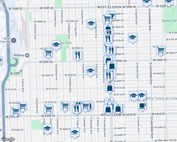 map of restaurants, bars, coffee shops, grocery stores, and more near 5959 South Keeler Avenue in Chicago
