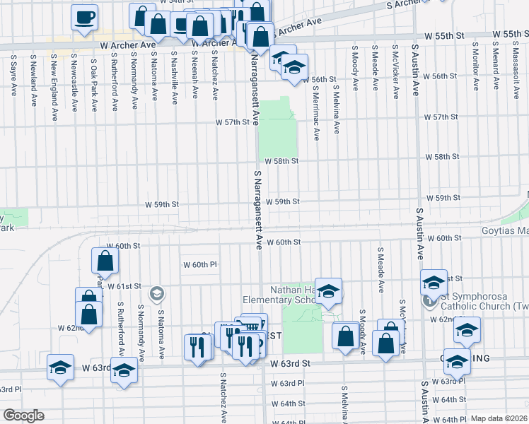 map of restaurants, bars, coffee shops, grocery stores, and more near 5930 South Narragansett Avenue in Chicago
