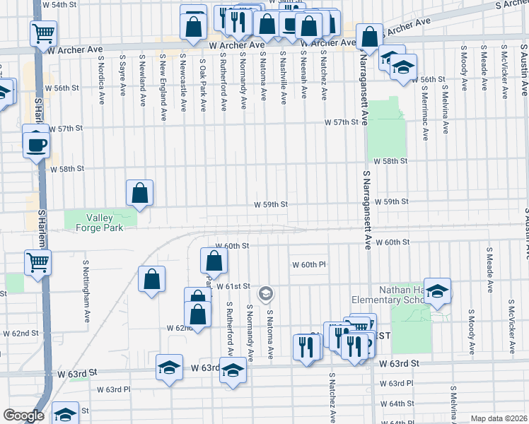 map of restaurants, bars, coffee shops, grocery stores, and more near 5925 South Natoma Avenue in Chicago