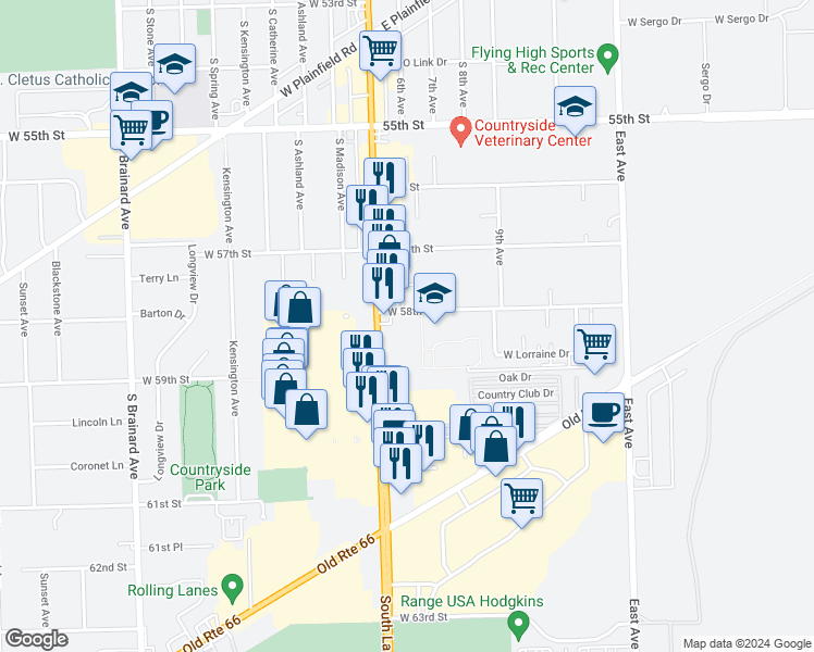 map of restaurants, bars, coffee shops, grocery stores, and more near 9911 West 58th Street in Countryside