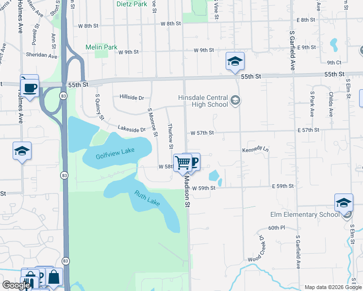 map of restaurants, bars, coffee shops, grocery stores, and more near 455 58th Place in Hinsdale