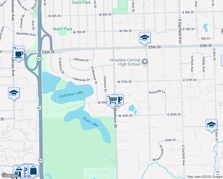 map of restaurants, bars, coffee shops, grocery stores, and more near 455 58th Place in Hinsdale