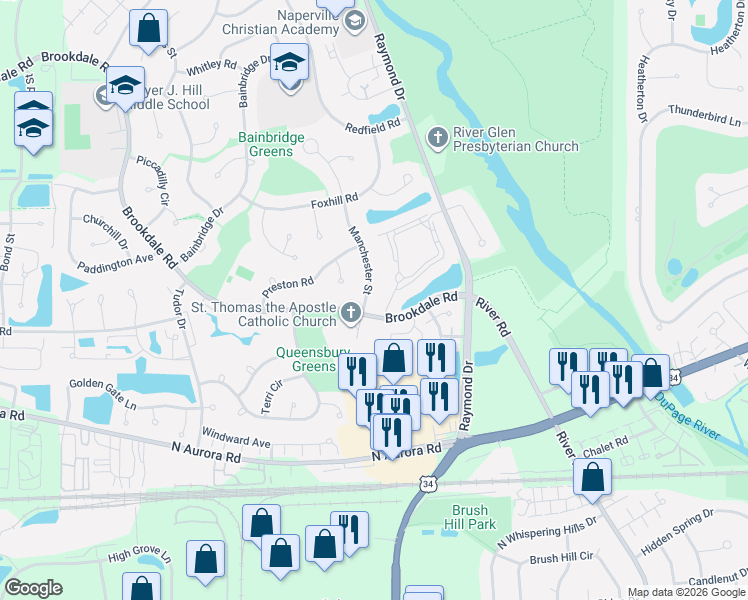 map of restaurants, bars, coffee shops, grocery stores, and more near 1353 Ivy Lane in Naperville