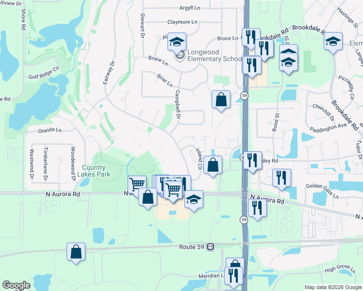 map of restaurants, bars, coffee shops, grocery stores, and more near 2119 Allegre Circle in Naperville