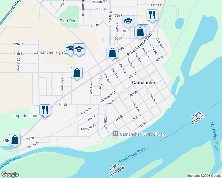 map of restaurants, bars, coffee shops, grocery stores, and more near 900-1298 Dunnburr Street in Camanche