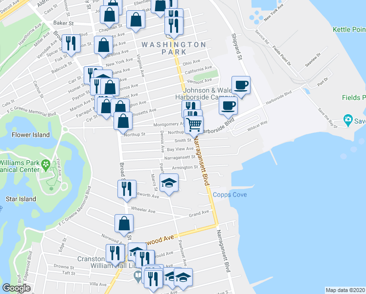 map of restaurants, bars, coffee shops, grocery stores, and more near 211 Bay View Avenue in Cranston