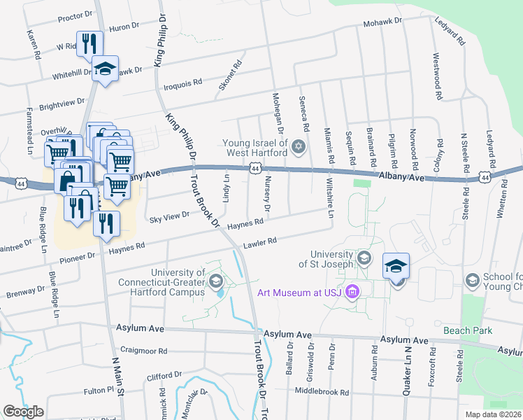 map of restaurants, bars, coffee shops, grocery stores, and more near 43 Haynes Road in West Hartford