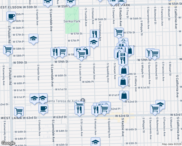 map of restaurants, bars, coffee shops, grocery stores, and more near 3433 West 60th Street in Chicago