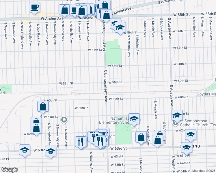 map of restaurants, bars, coffee shops, grocery stores, and more near 5930 South Narragansett Avenue in Chicago