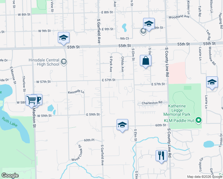 map of restaurants, bars, coffee shops, grocery stores, and more near 5732 Giddings Avenue in Hinsdale