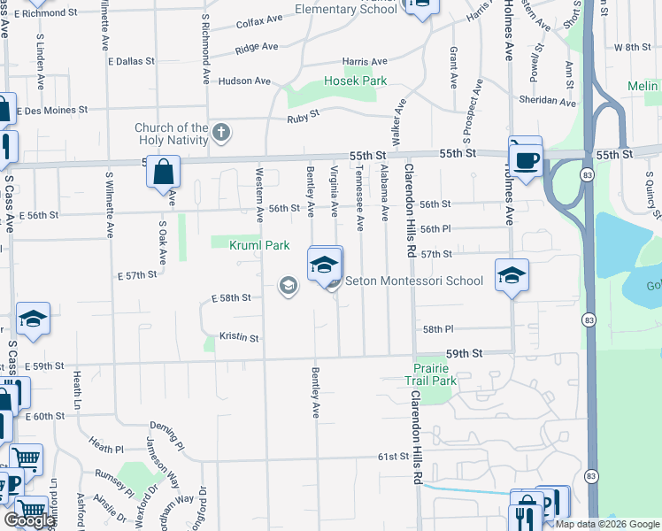 map of restaurants, bars, coffee shops, grocery stores, and more near 5722 Virginia Avenue in Clarendon Hills