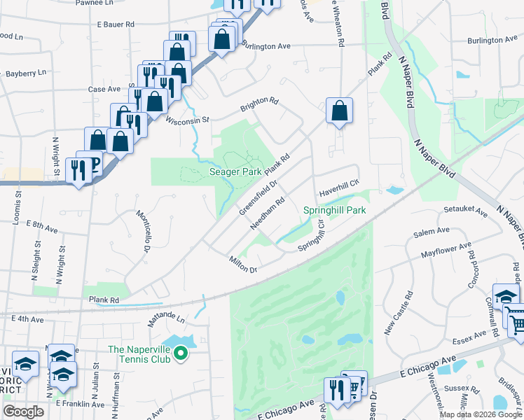 map of restaurants, bars, coffee shops, grocery stores, and more near 1132 Needham Road in Naperville
