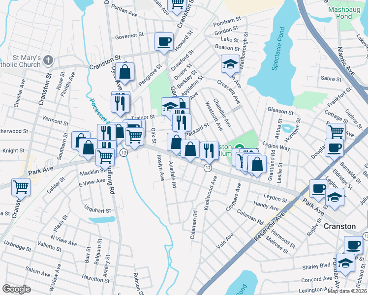 map of restaurants, bars, coffee shops, grocery stores, and more near 190 Gansett Avenue in Cranston