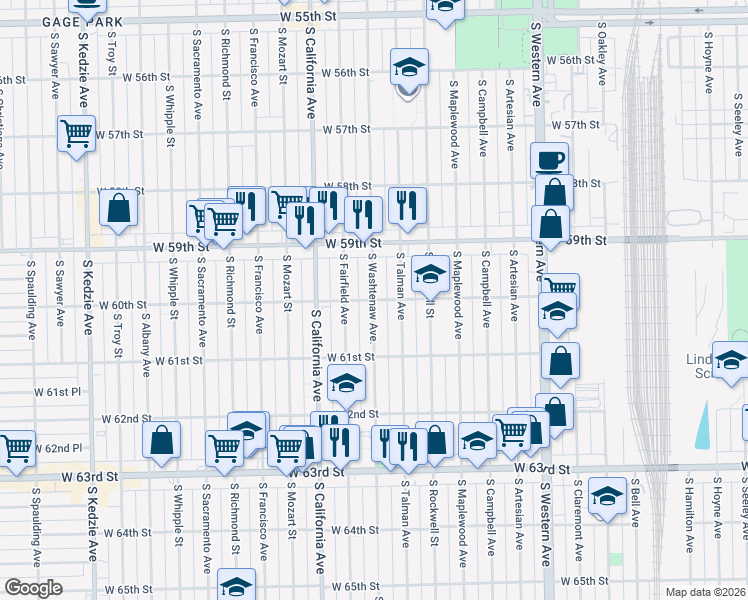 map of restaurants, bars, coffee shops, grocery stores, and more near South Washtenaw Avenue in Chicago