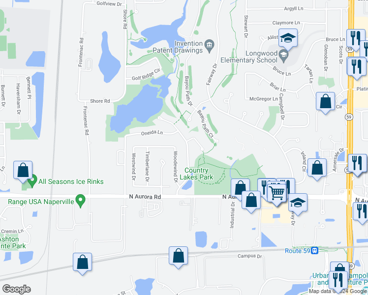 map of restaurants, bars, coffee shops, grocery stores, and more near 827 Genesee Drive in Naperville