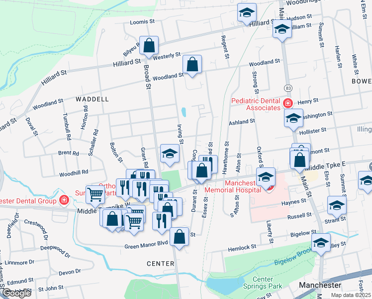 map of restaurants, bars, coffee shops, grocery stores, and more near 55 Irving Street in Manchester