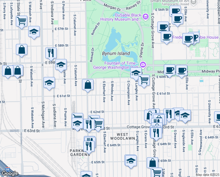 map of restaurants, bars, coffee shops, grocery stores, and more near 6105 South Rhodes Avenue in Chicago