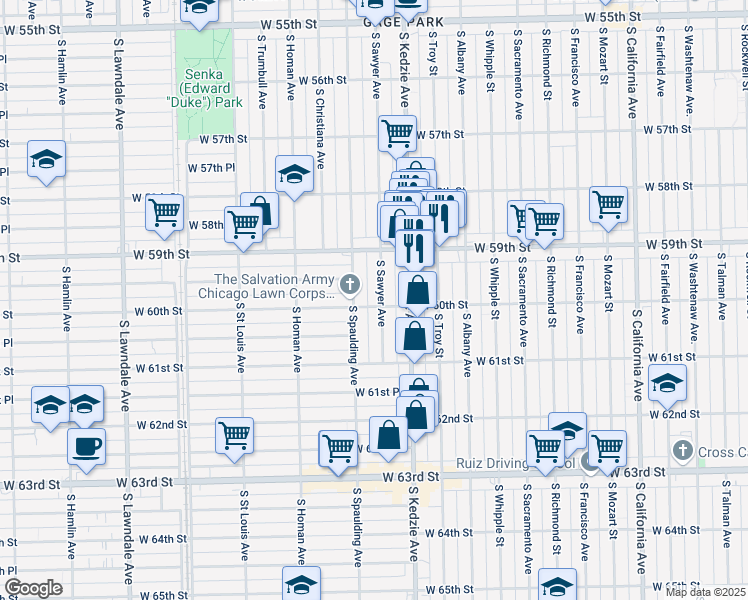 map of restaurants, bars, coffee shops, grocery stores, and more near 6014 South Sawyer Avenue in Chicago